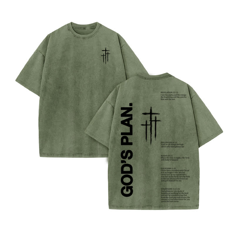 Unisex 100% Cotton God Plan Print Acid Washed T-shirt - Army Green - US20-22(3XL) - image 6