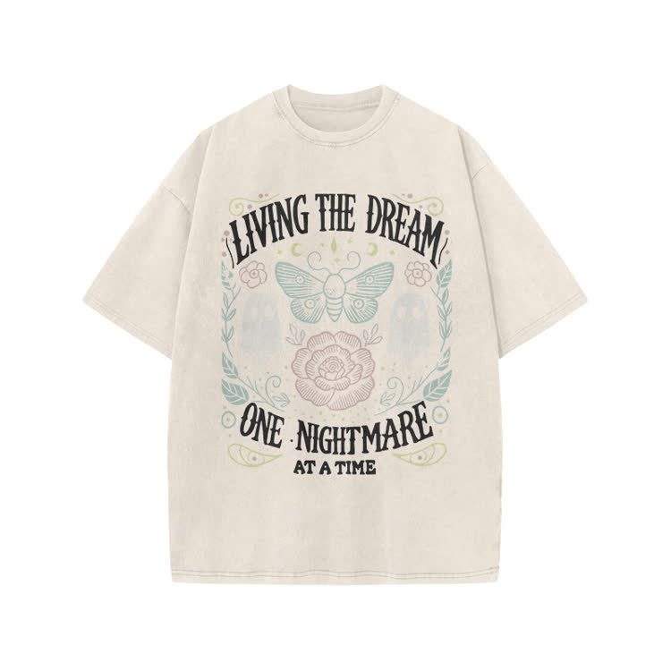 Living The Dream Gothic Ghost Print Acid Washed T-Shirt - Beige - US20-22(3XL) - image 3