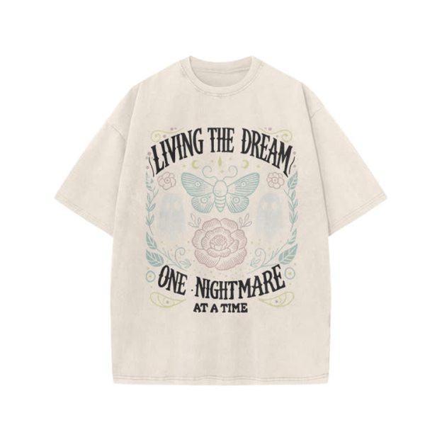 Living The Dream Gothic Ghost Print Acid Washed T-Shirt - Beige - US20-22(3XL) - image 3