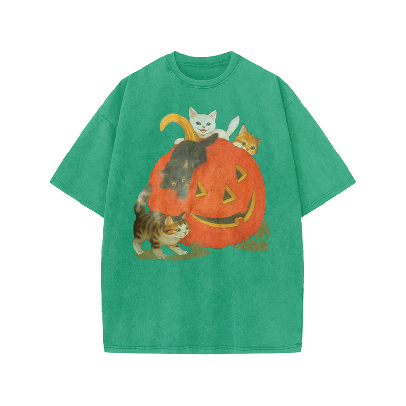 Unisex 100% Cotton Cats Playing On Pumpkins Halloween Print Acid Washed T-shirt - Green - US20-22(3XL) - image 6