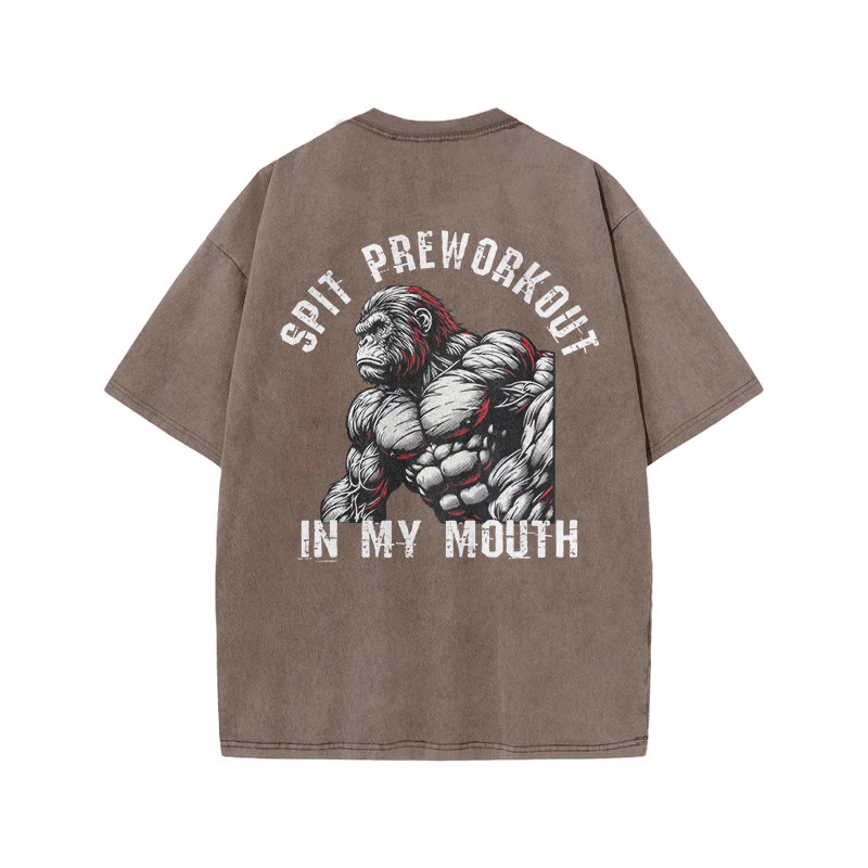 100% Cotton Spit Preworkout In My Mouth Gym Print Acid Washed T-shirt - Coffee - US20-22(3XL) - image 7