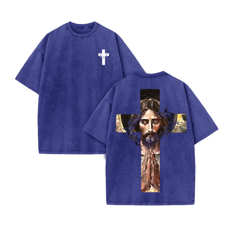Unisex 100% Cotton Jesus On The Cross Oil Painting Print Acid Washed T-shirt - Blue - US20-22(3XL) - image 10