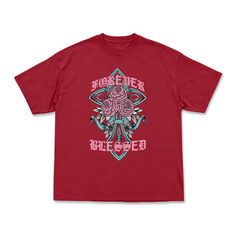 Vintage Rock Cross and Rose Print Relaxed Fit T-Shirt - Red - US16-18(2XL) - image 14