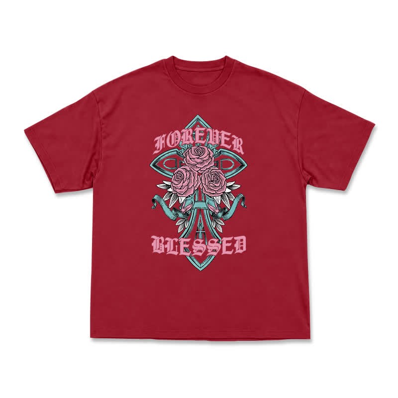 Vintage Rock Cross and Rose Print Relaxed Fit T-Shirt - Red - US16-18(2XL) - image 14