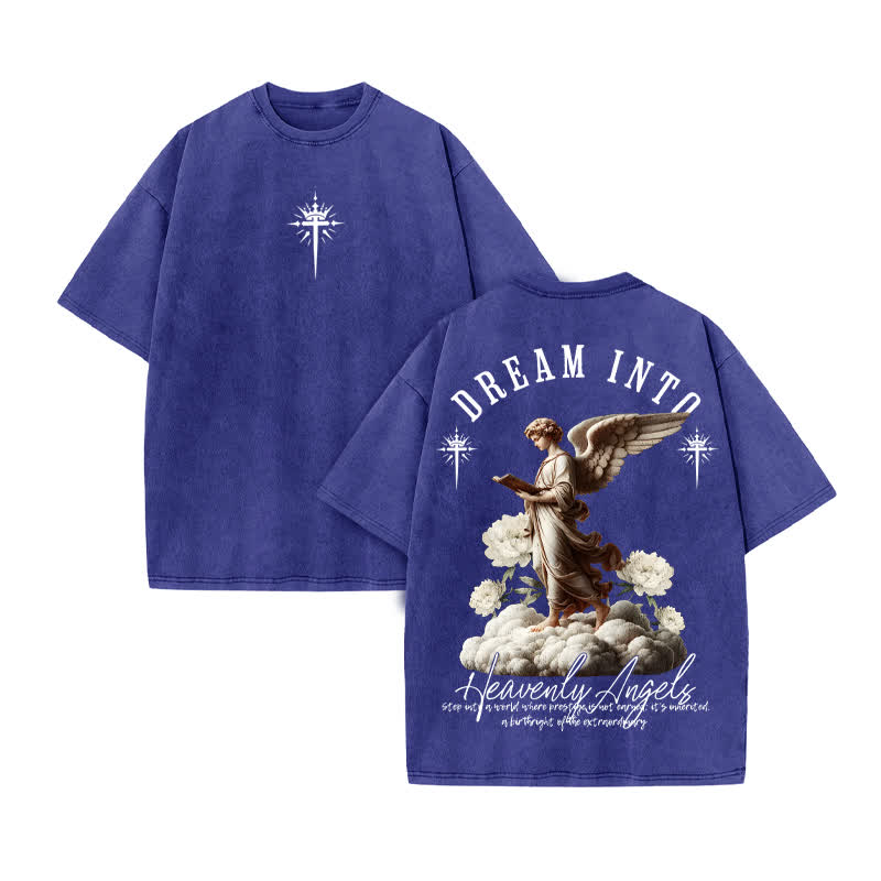 Unisex 100% Cotton Heavenly Angels Print Acid Washed T-shirt - Blue - US20-22(3XL) - image 10