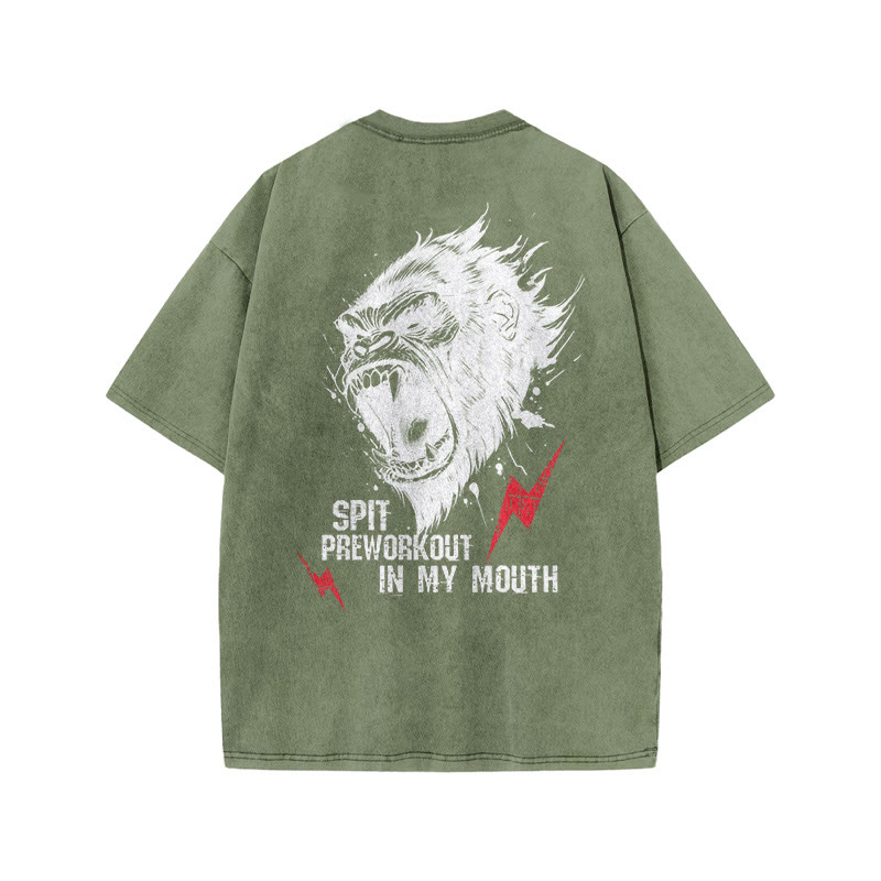 100% Cotton SPIT PREWORKOUT IN MY MOUTH Gym Print Acid Washed T-shirt - Army Green - US20-22(3XL) - image 7