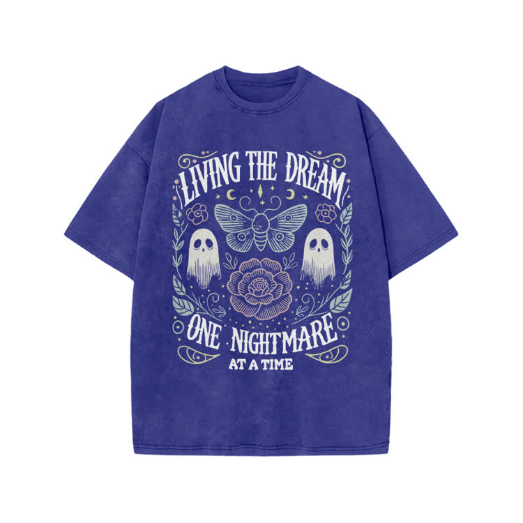 Living The Dream Gothic Ghost Print Acid Washed T-Shirt - Blue - US20-22(3XL) - image 8