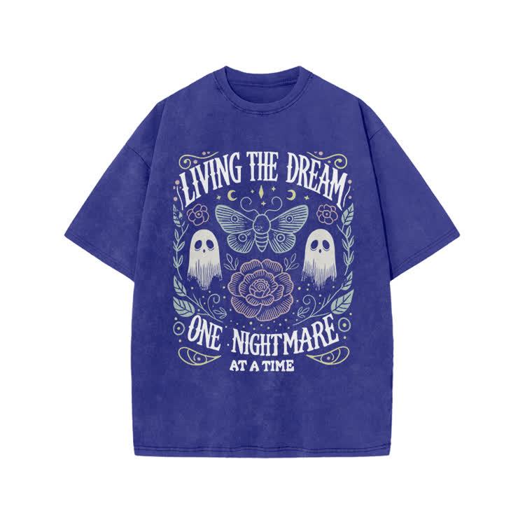 Living The Dream Gothic Ghost Print Acid Washed T-Shirt - Blue - US20-22(3XL) - image 8