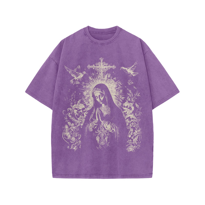 Unisex 100% Cotton Praying Virgin Mary Print Acid Washed T-shirt - Purple - US20-22(3XL) - image 3