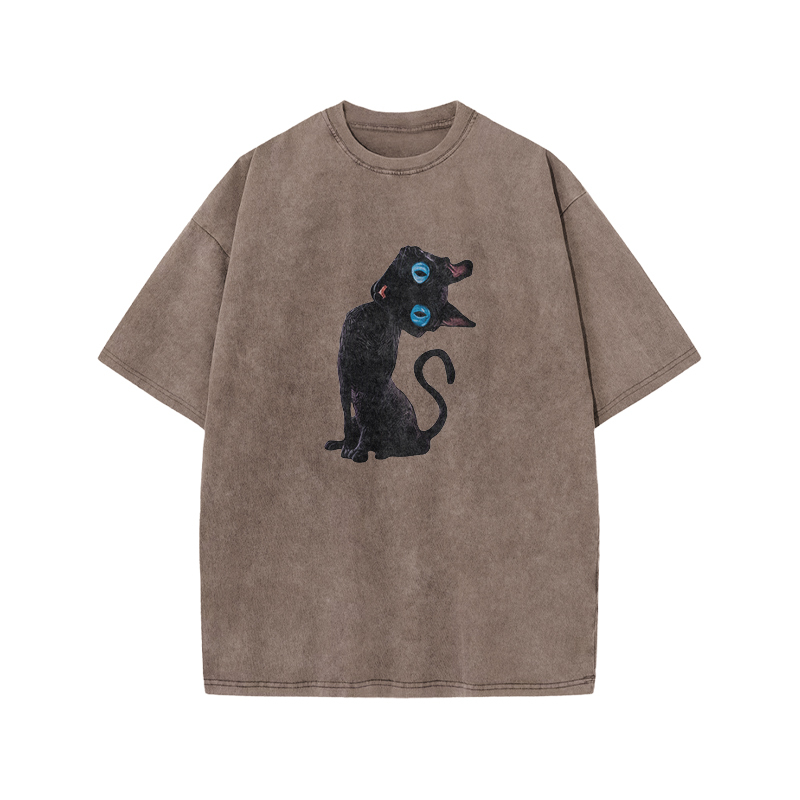Vintage Black Cat Graphic Acid Washed T Shirt - Coffee - US20-22(3XL) - image 8