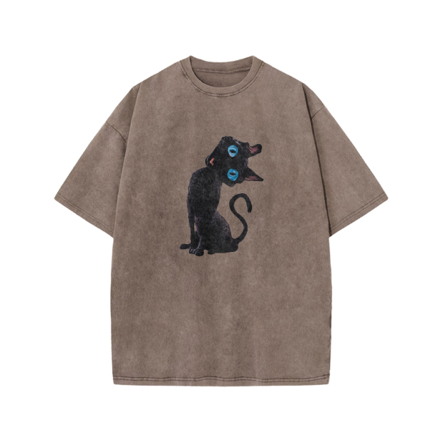 Vintage Black Cat Graphic Acid Washed T Shirt - Coffee - US20-22(3XL) - image 8