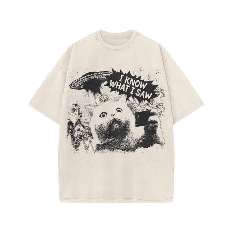 Sci Fi UFO Cat Graphic Washed T-Shirt - Beige - US20-22(3XL) - image 3