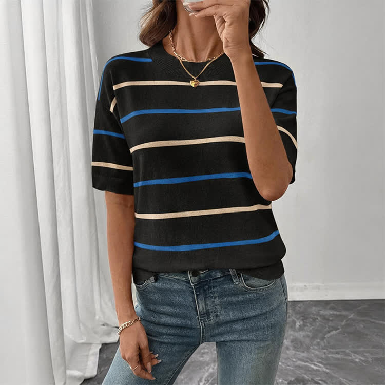 Casual Striped Crew Neck Knit T-shirt - Black - US16-18(2XL) - image 4