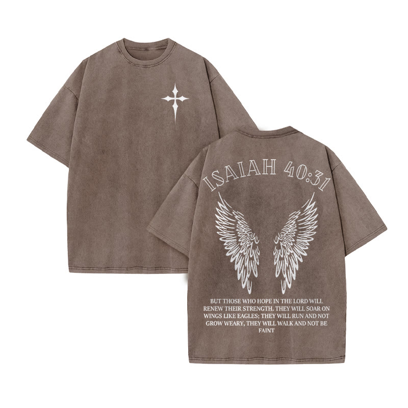 Unisex 100% Cotton Isaiah 40:31 Wings Print Acid Washed T-shirt - Coffee - US20-22(3XL) - image 5