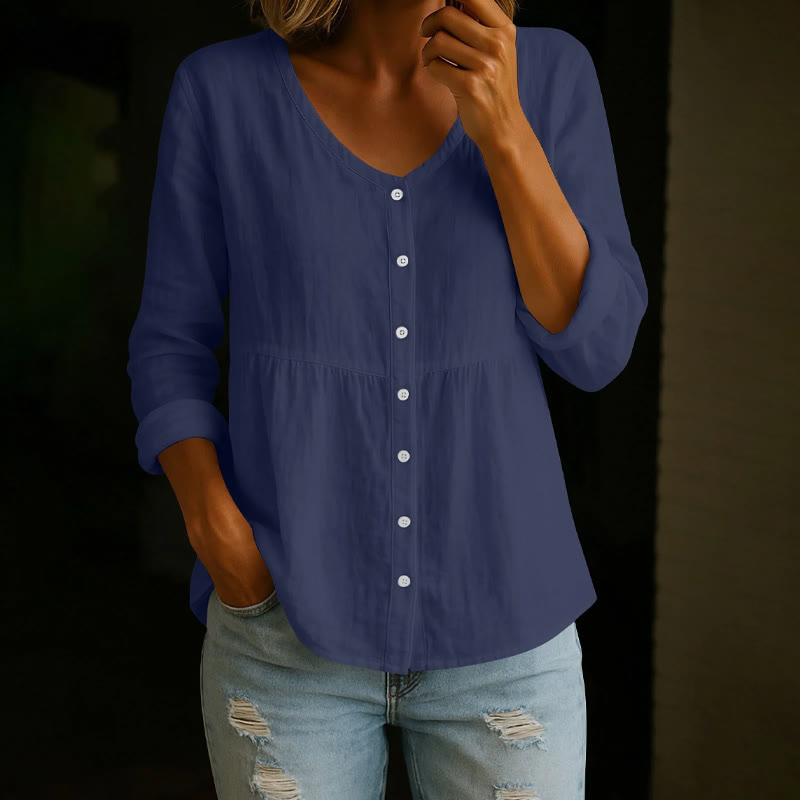 Cozy Solid Button V-neck A-line Long Sleeve Blouse - Navy Blue - 4XL - image 5