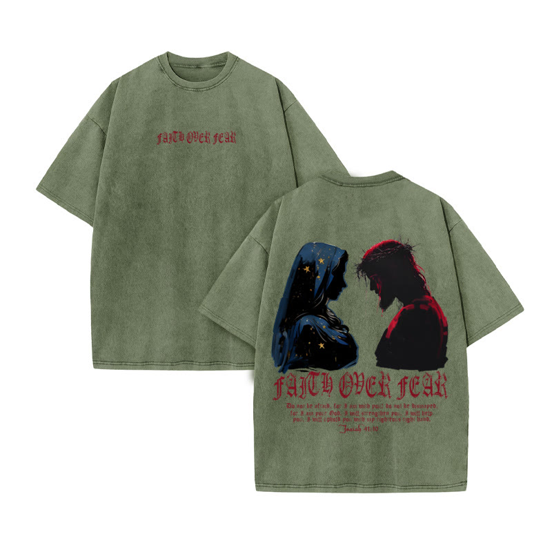 Unisex 100% Cotton FAITH OVER FEAR Print Acid Washed T-shirt