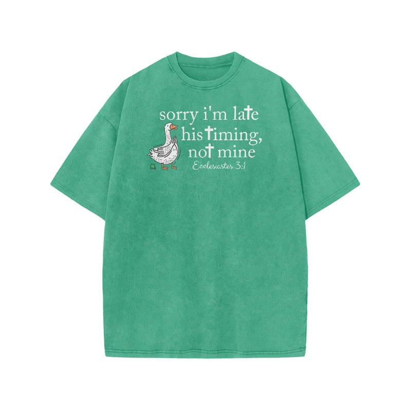 Unisex Sorry I'm Late, His Timing, Not Mine Ecclesiastes 3:1 Print Acid Washed T-shirt - Green - US20-22(3XL) - image 7