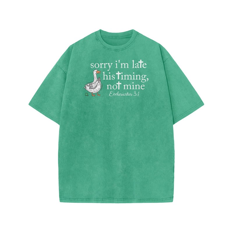 Unisex Sorry I'm Late, His Timing, Not Mine Ecclesiastes 3:1 Print Acid Washed T-shirt - Green - US20-22(3XL) - image 7