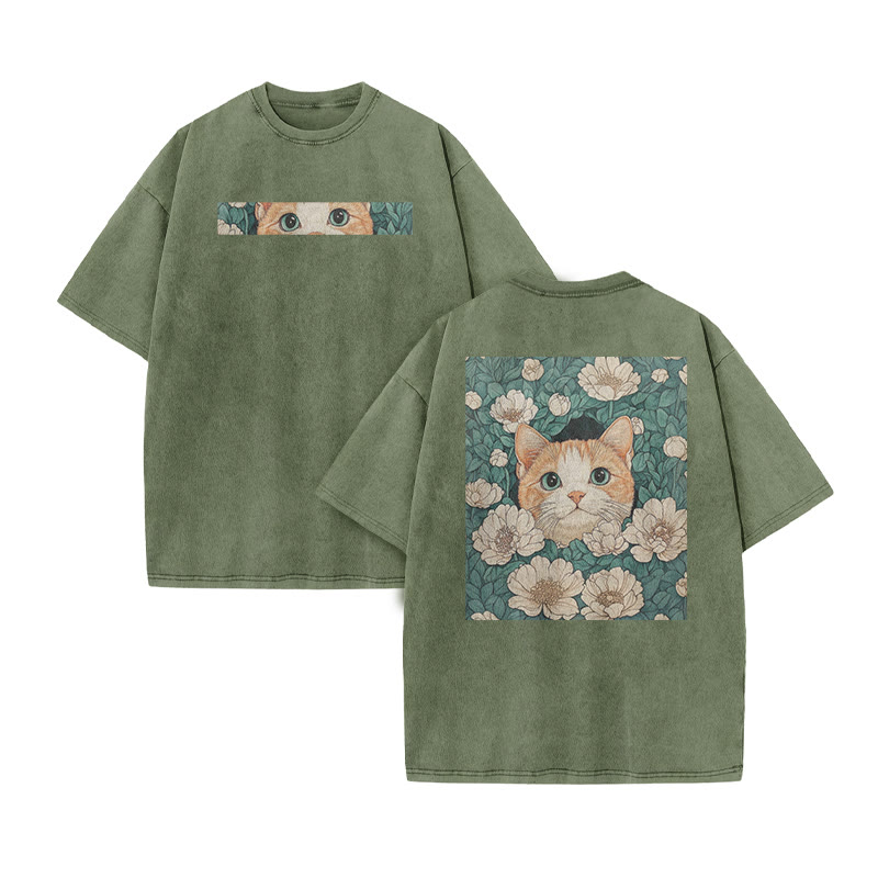 A Black Cat Hidden Among Clusters Of White Flowers Print Acid Washed T-shirt - Army Green - US20-22(3XL) - image 6