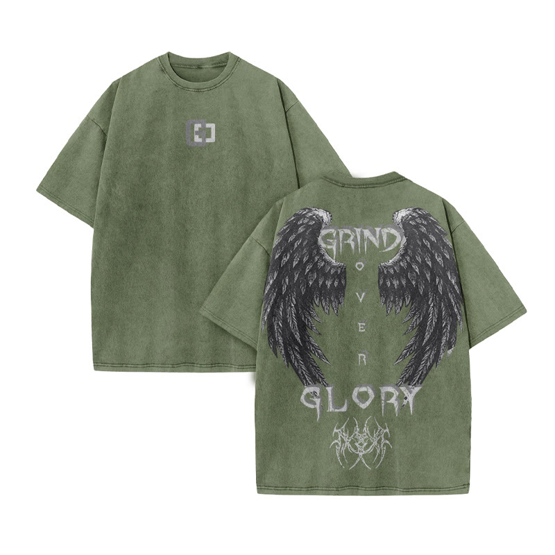 Grind Over Glory Print Acid Washed T-shirt - Army Green - US20-22(3XL) - image 5