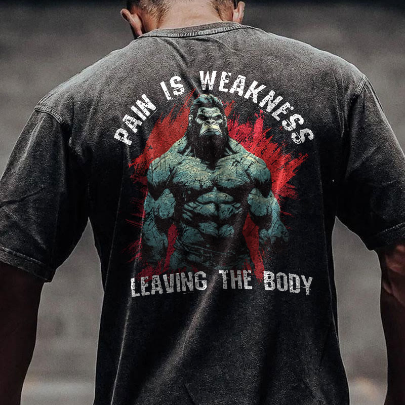 100% Cotton Pain Is  Weakness Leaving The Body Gym Print Acid Washed T-shirt - image 3