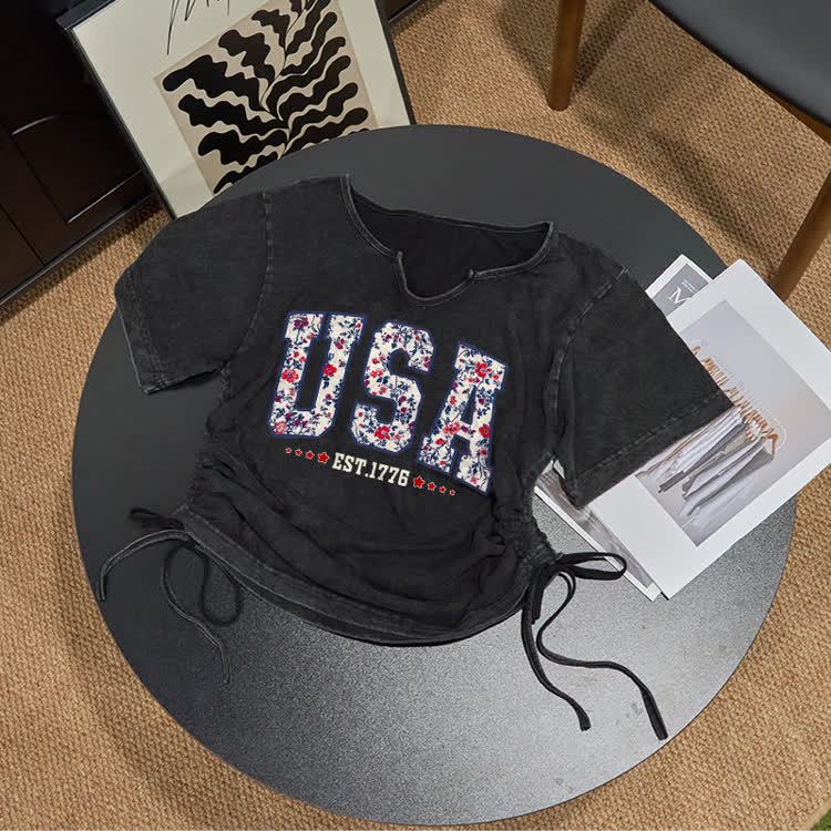 USA Print Acid Washed Drawstring T-Shirt - Flowers USA - US16-18(2XL) - image 7