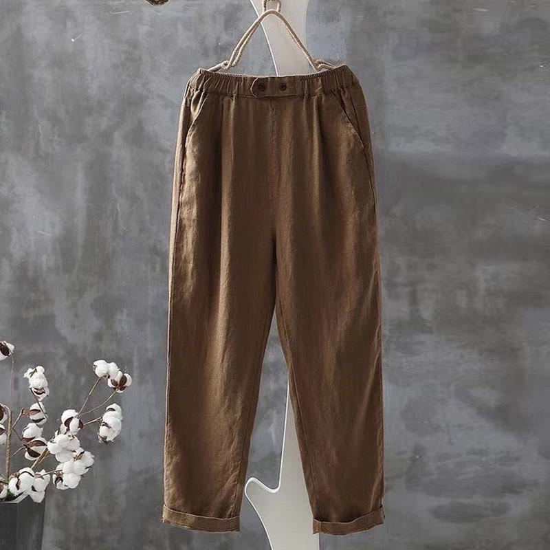 Casual Button Pocket Cropped Trousers - Khaki - 2XL - image 3