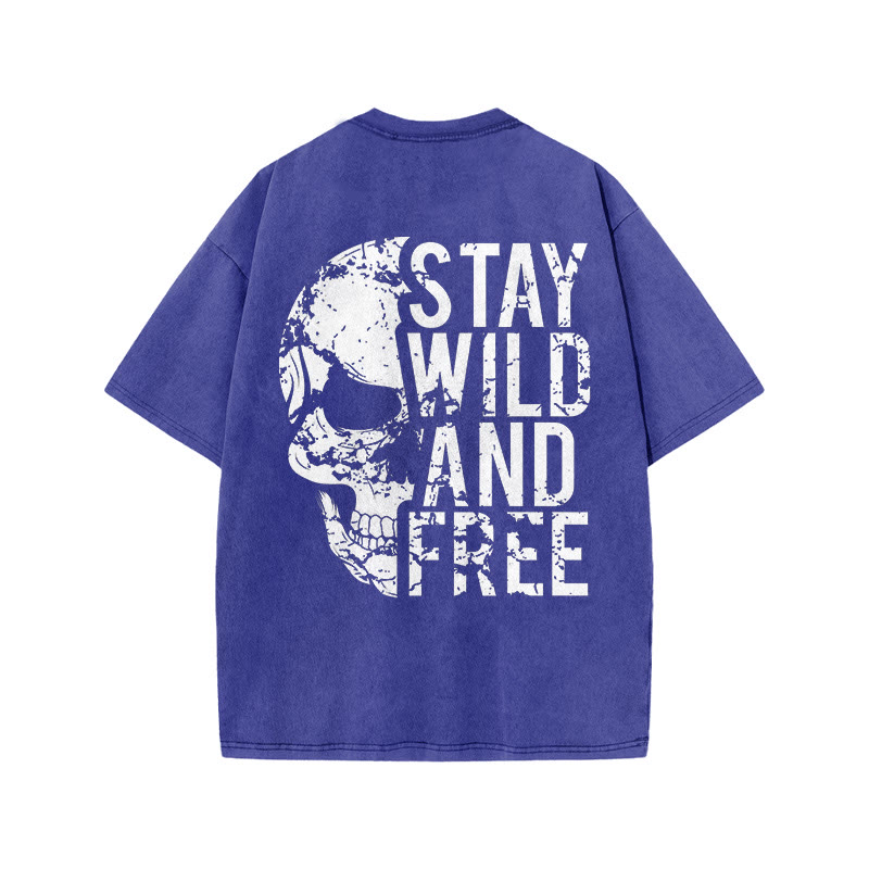 100% Cotton Stay Wild And Free Gym Print Acid Washed T-shirt - Blue - US20-22(3XL) - image 7