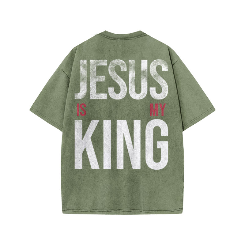 Jesus Is My King Distressed Print Acid Washed T-shirt - Army Green - US20-22(3XL) - image 6