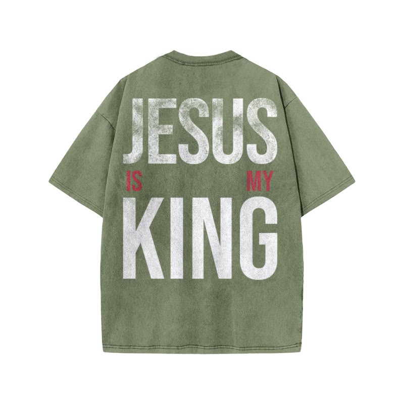 Jesus Is My King Distressed Print Acid Washed T-shirt - Army Green - US20-22(3XL) - image 6