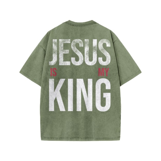 Jesus Is My King Distressed Print Acid Washed T-shirt - Army Green - US20-22(3XL) - image 6