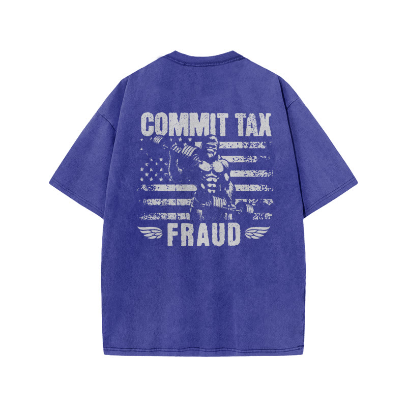 100% Cotton COMMIT TAX FRAUD Gym Print Acid Washed T-shirt - Blue - US20-22(3XL) - image 7