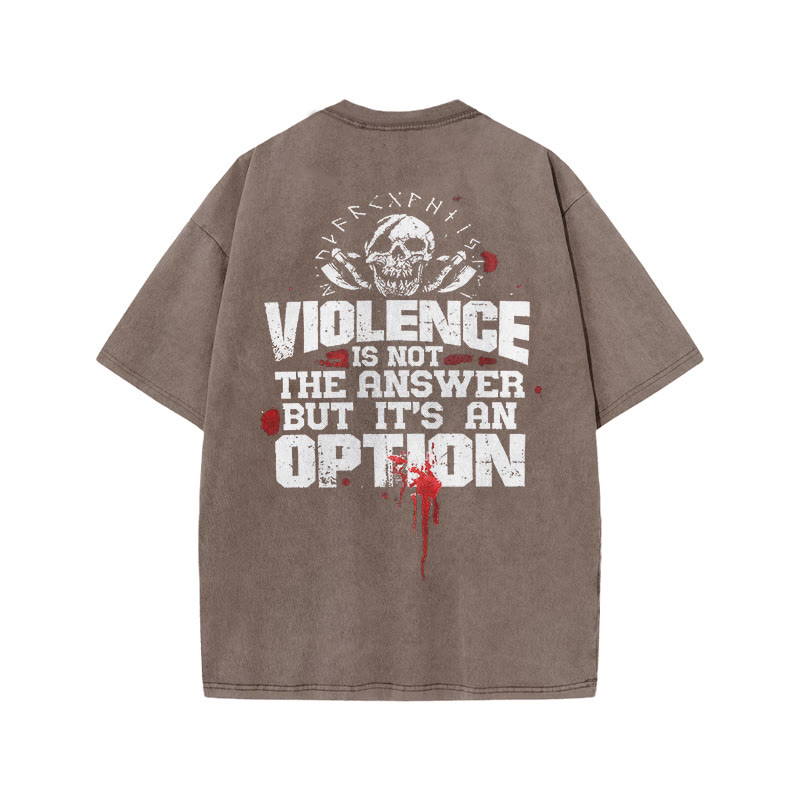 Gym 100% Cotton Vikings Violence Is Not The Answer Print Acid Washed T-shirt - Coffee - US20-22(3XL) - image 4