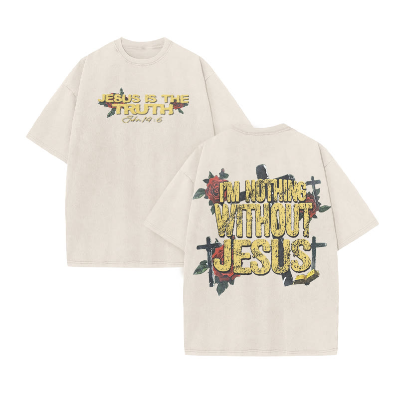 Unisex I'm Nothing Without Jesus Print Acid Washed T-shirt - Beige - US20-22(3XL) - image 4