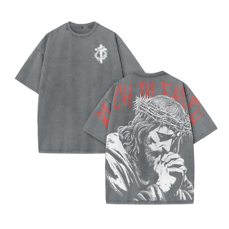 Unisex Rich In Faith Print Acid Washed T-shirt - Grey - US20-22(3XL) - image 3