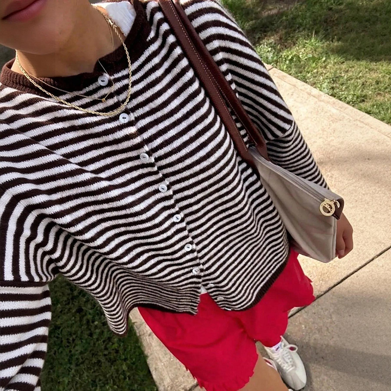 Women's Coastal Striped Knit Button Front Cardigan Sweater - Khaki - 3XL - image 4