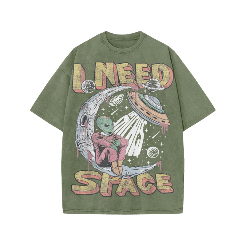Unisex 100% Cotton I Need Space Creative Print Acid Washed T-shirt - Army Green - US20-22(3XL) - image 5