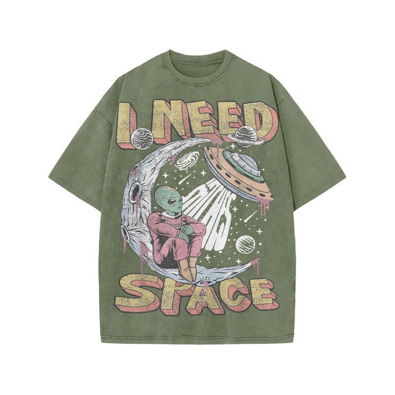 Unisex 100% Cotton I Need Space Creative Print Acid Washed T-shirt - Army Green - US20-22(3XL) - image 5