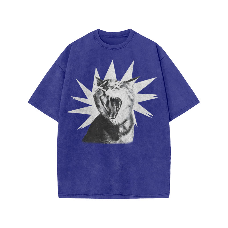 Unisex 100% Cotton Shout Cat Print Acid Washed T-shirt - Blue - US20-22(3XL) - image 8