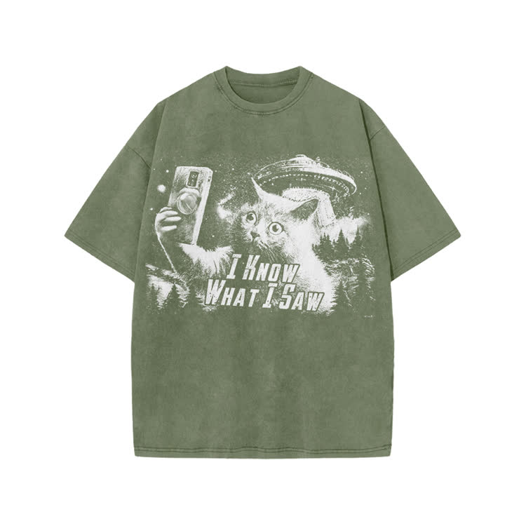 Vintage Sci Fi Novelty Alien Cat Graphic Washed T-Shirt - Army Green - US20-22(3XL) - image 5