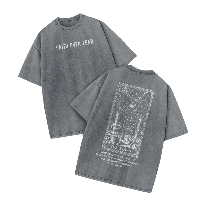 Faith Over Fear Tarot 17 The Star Print Acid Washed T-shirt - Grey - US20-22(3XL) - image 4
