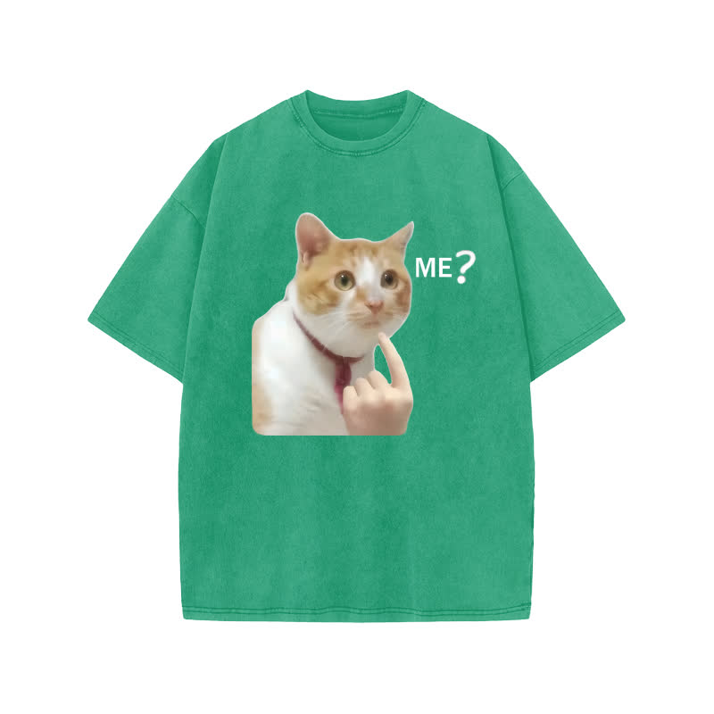 Unisex 100% Cotton Puzzled Cat Print Acid Washed T-shirt - Green - US20-22(3XL) - image 6