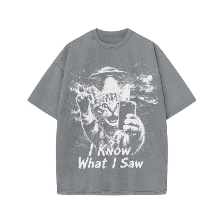 Casual I Know What I Saw Cat UFO Graphic Washed T-Shirt - Grey - US20-22(3XL) - image 3