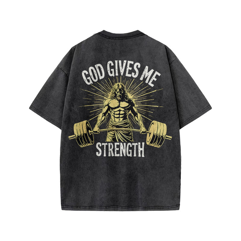 Gym 100% Cotton GOD GIVES ME STRENGTH Print Acid Washed T-shirt - image 3