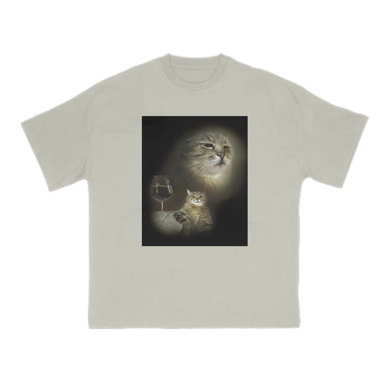 Unisex 100% Cotton Cat And Wine Print T-shirt - Warm Grey - US20-22(3XL) - image 4