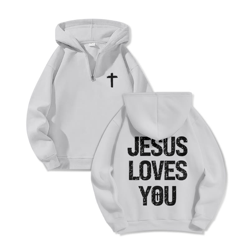 Jesus Loves You Print Half Zip Hoodie - Light Gray - US32-34(5XL) - image 5