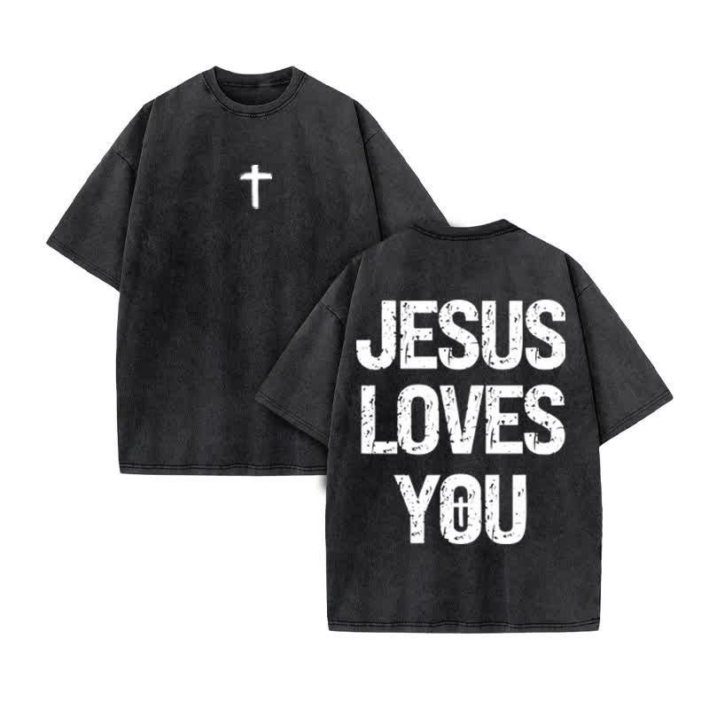 Unisex 100% Cotton JESUS LOVES YOU Mottled Font Print Acid Washed T-shirt - Black - US20-22(3XL) - image 3