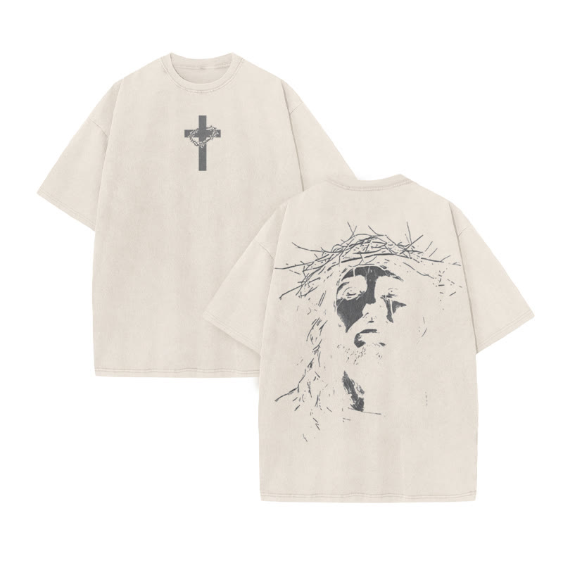 Unisex Jesus Face Print Acid Washed T-shirt - Beige - US20-22(3XL) - image 3