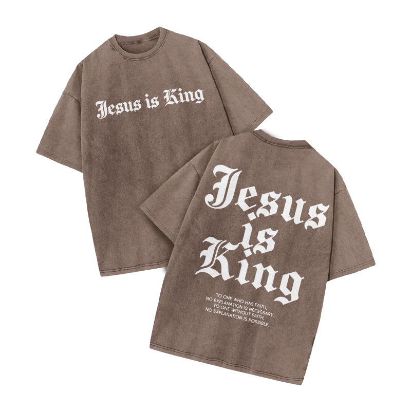 Streetwear Jesus Is King Graphic Print Acid Washed T-Shirt - Coffee - US20-22(3XL) - image 3