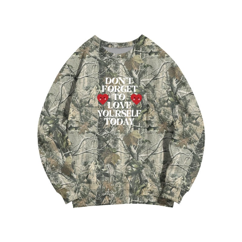 Camo Love Yourself Today Heart Graphic Round Neck Sweatshirt - Dark Green Camo - 3XL - image 3